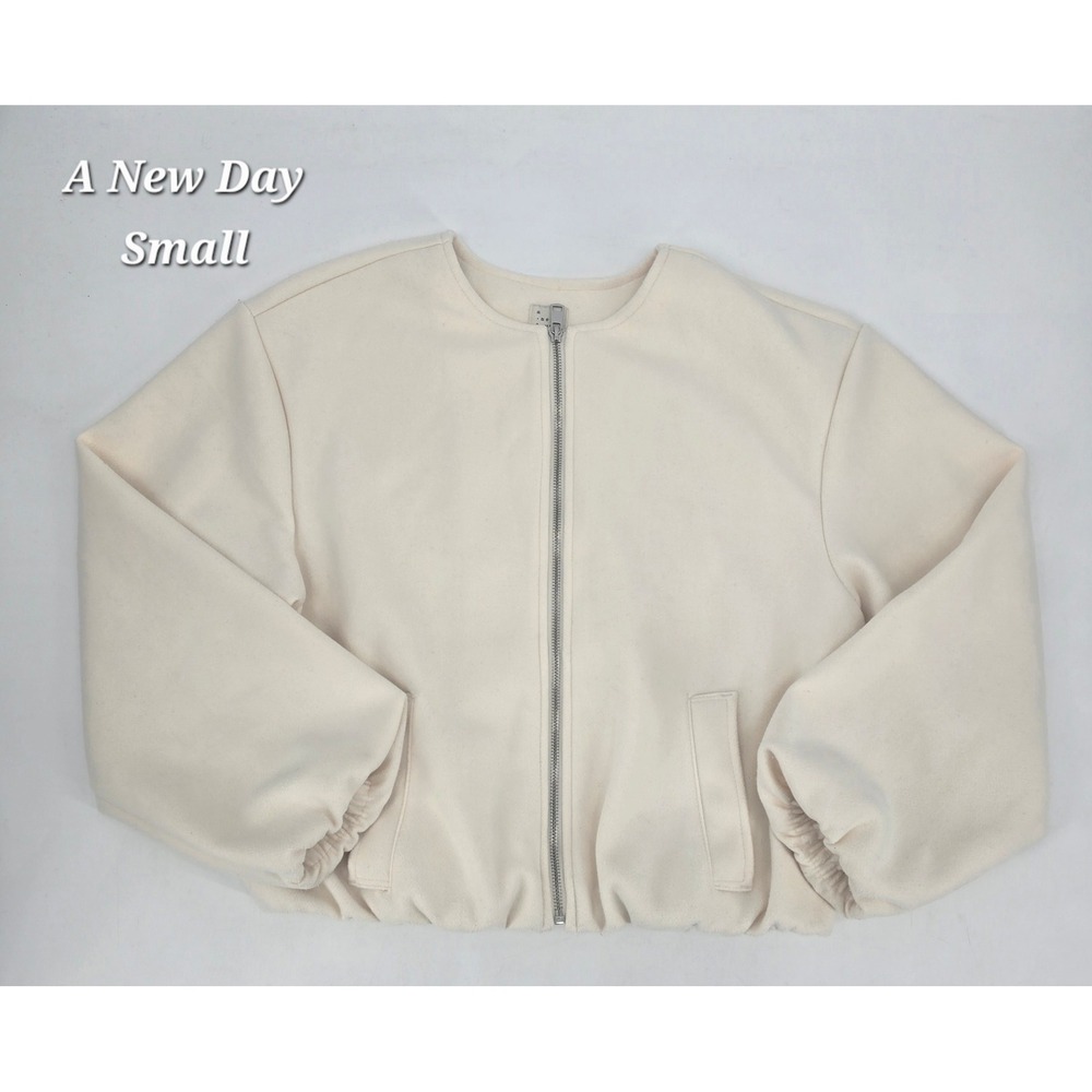 A New Day Cream Fleece Bomber Jacket Women's S Bubble Hem Balloon Sleeve
